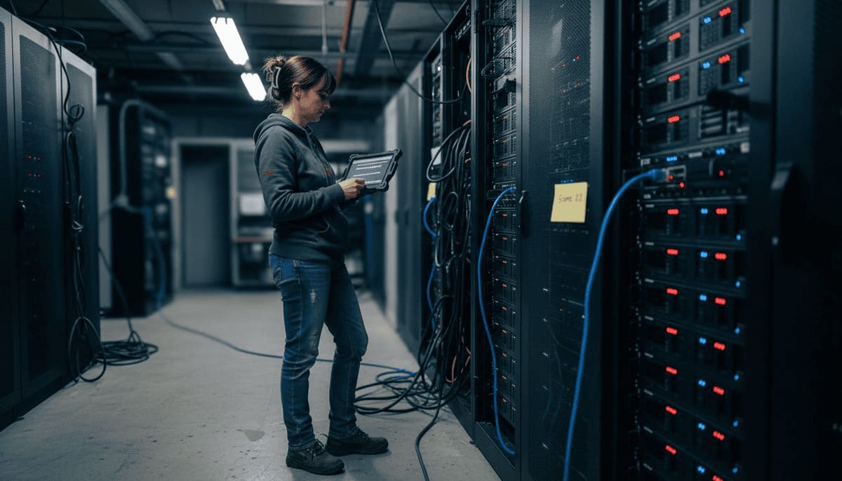 Technician checking render farm server racks in a data centre