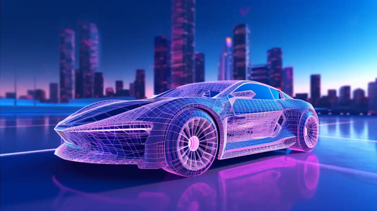 Wireframe render of a car model against a city skyline
