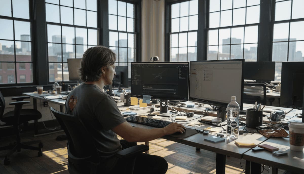 3D artist reviewing a render job at a dual-monitor workstation